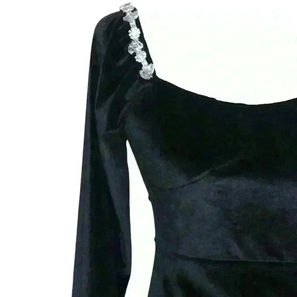 Celine Rhinestone Velvet Long Sleeve Mini Dress in Black - Picture 2 of 2